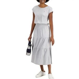 Tommy Hilfiger Gray Tiered Maxi Dress Smocked Waist Casual T-Shirt Womens XS‎